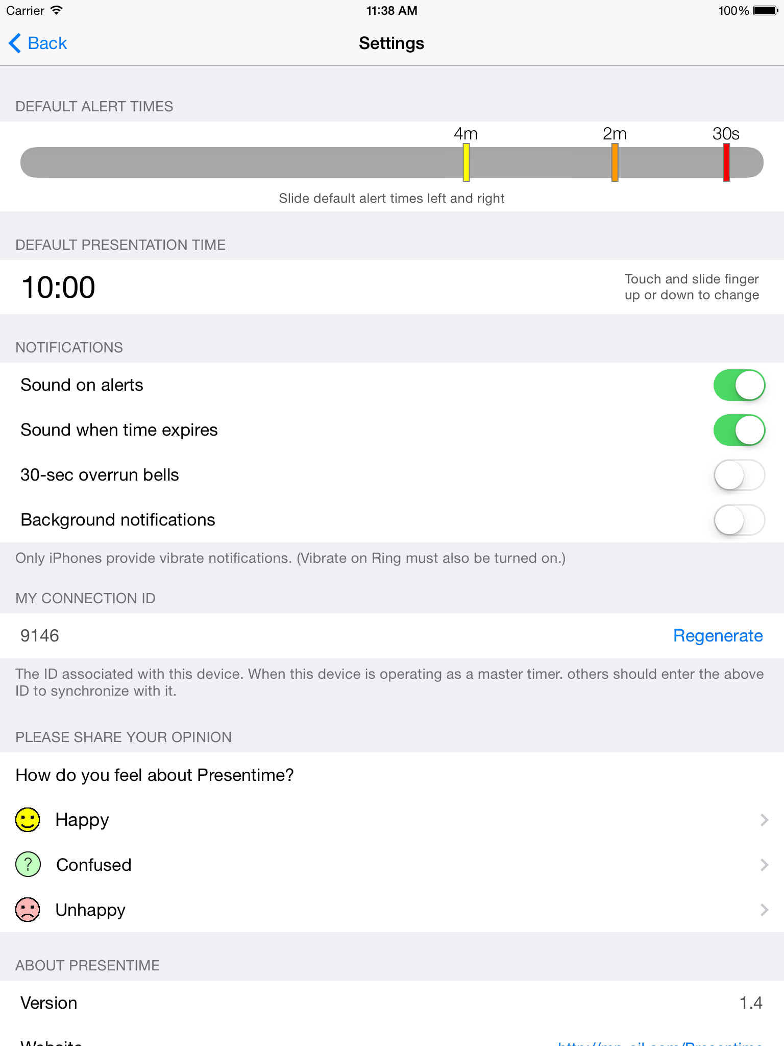 Settings screen
